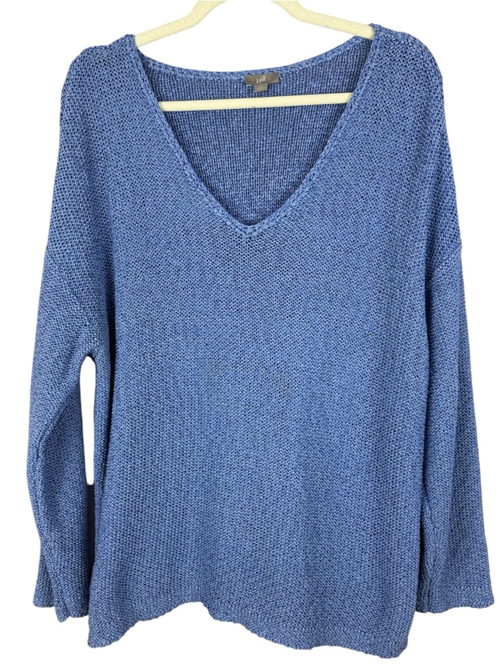 J. Jill V-Neck Open Open-Knit Sweater Blue XL Cotton Blend Drop Shoulder